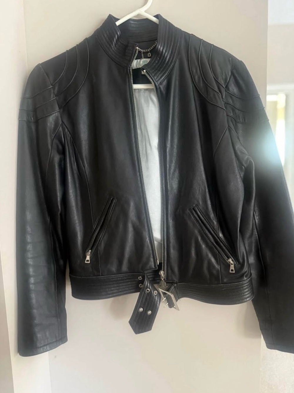 Jennifer Lopez Black Genuine Leather Moto Jacket with Belted Hem